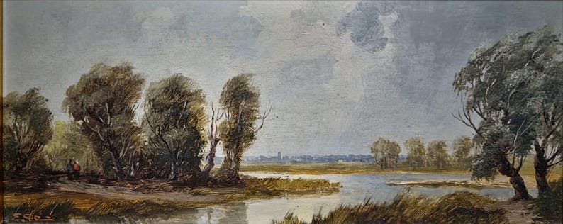 Rustic European wall art showing a peaceful nature scene, this vintage oil painting offers refined style for country cottage interiors. With earthy mid-century tones and a traditional horizontal format, this framed oil painting enhances nature-themed wall decor and brings charm to farmhouse settings. Ideal for landscape wall art collections, it’s also a great gift for collectors or decor enthusiasts on occasions like housewarmings, birthdays, or Christmas.