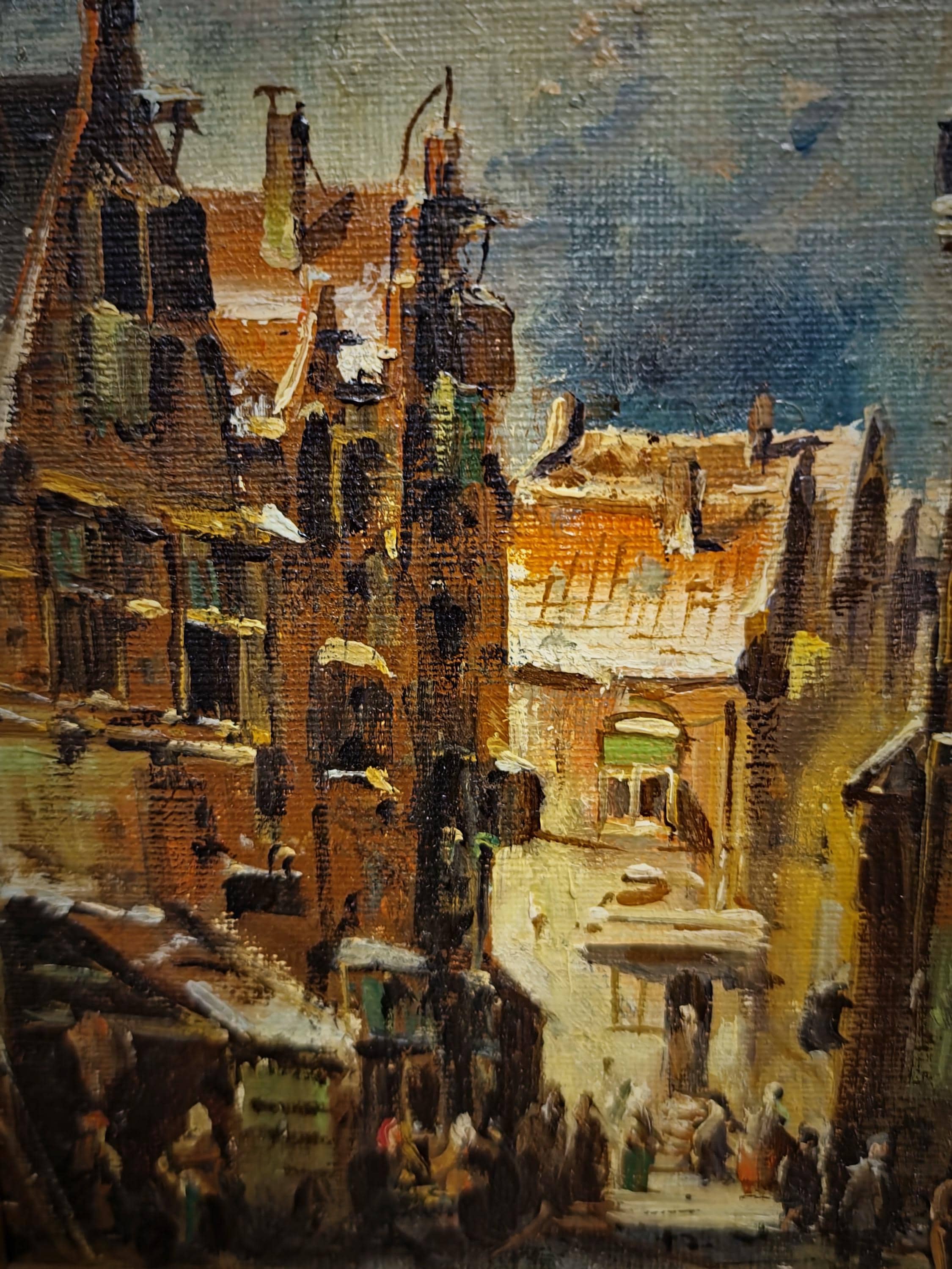 ヨーロッパ絵画　油彩 Vintage Street Scene Oil Painting, Signed Mid-century Original