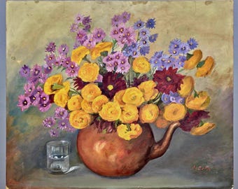 ヴィンテージのオランダ製花柄油絵、1939年作の静物画、装飾的な金色の