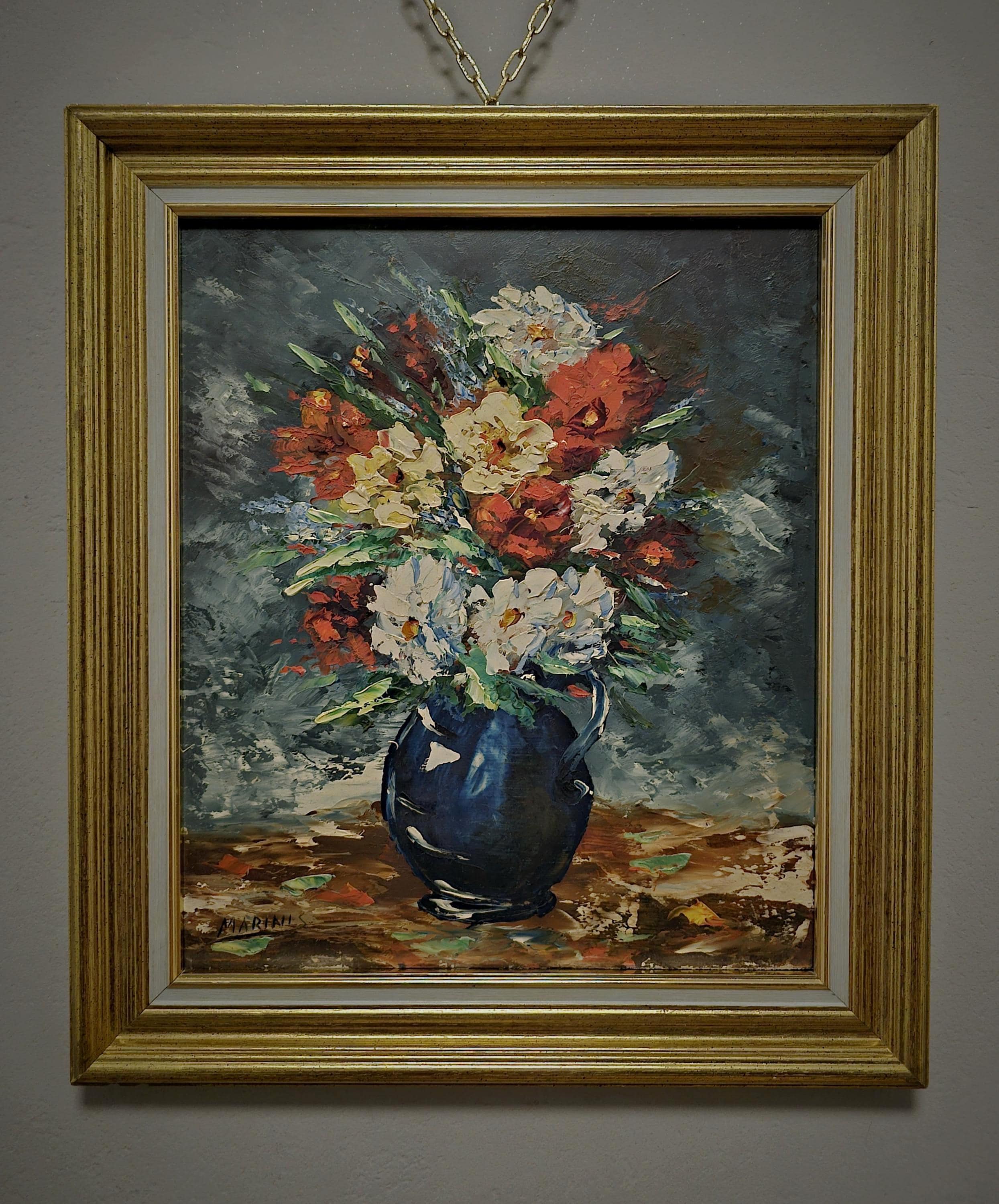 Vintage French Floral Oil Painting, Signed Still Life Blue Vase