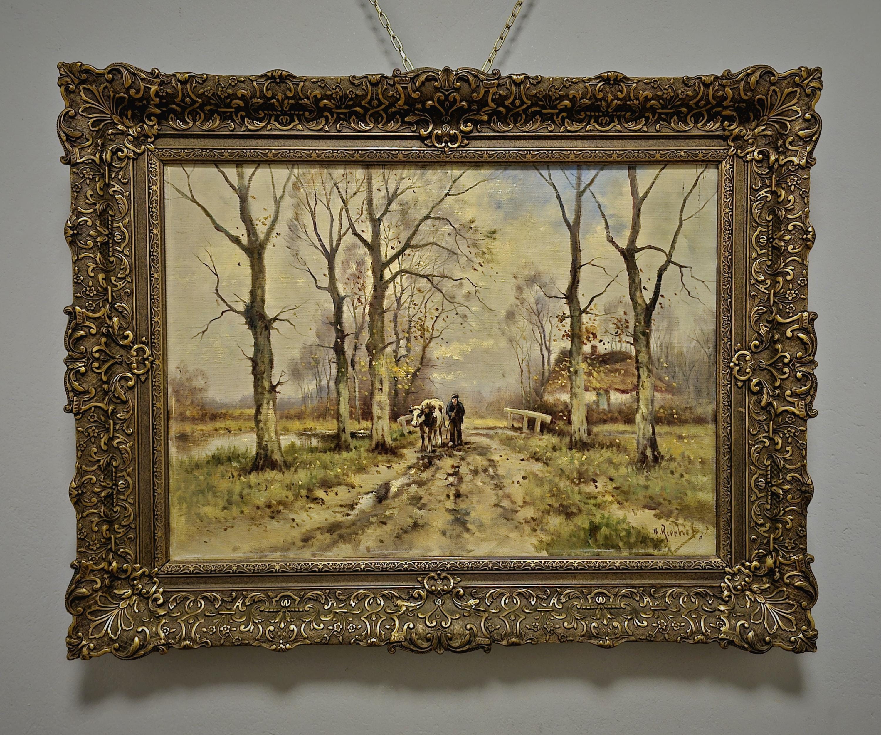 アンティークな大型オランダ油絵ゴールドフレーム、農夫と牛の秋の風景