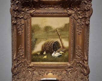 アンティークの大型フランス油絵、金色の額縁、牛のいる森の秋の風景