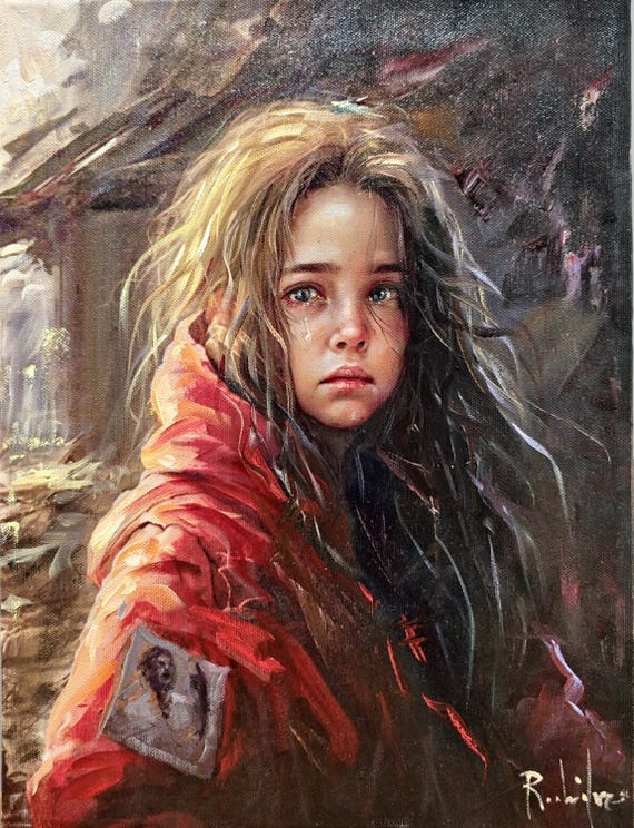 Vintage Italian Girl Portrait Oil Painting Canvas, 20th Century Dark Moody Rustic Realistic Expressive Painting, Dramatic Emotional Art