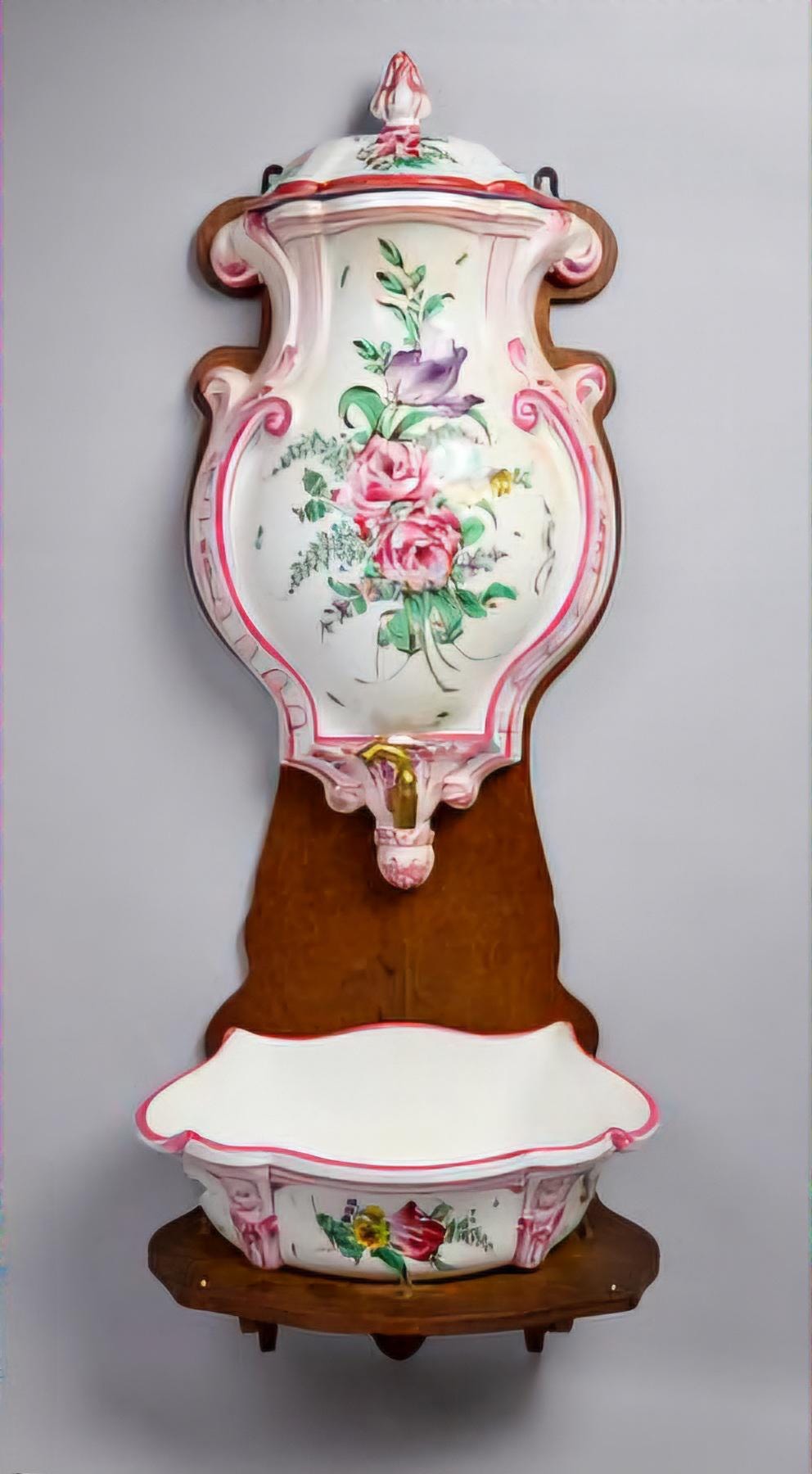 フランスアンティークウォールファウンテン/壁泉噴水/サンダイヤル71-178-4 Antique French Wall Fountain, Faience Lavabo Wash Basin Set