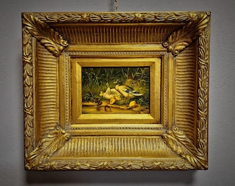Ancienne peinture à l'huile animalière hollandaise avec famille de canards, oeuvre d'art signée, décoration de ferme rustique, oeuvre d'art de collection, oeuvre d'art murale oiseau encadrée or