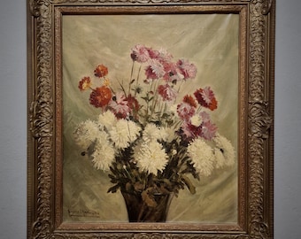 フランスのヴィンテージ花の油絵、青い花瓶のバラ、1930年代の署名入り