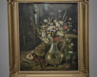 ヴィンテージのオランダ製花柄油絵、1939年作の静物画、装飾的な金色の