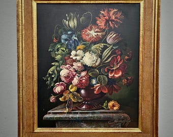 アンティークオランダ花絵画、キャンバスに描かれたオリジナルの