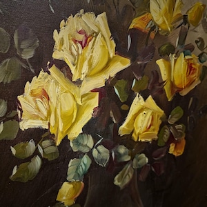 A sophisticated large scale floral still life painting with yellow roses in vase, created with balanced composition and natural color harmony, reflecting classic European decorative aesthetics, suitable for statement wall display, refined dining room decor, or curated art collections, appealing to collectors looking for vintage fine art, unique interior accents, and thoughtful gifts for art lovers, family members, colleagues, or special occasions