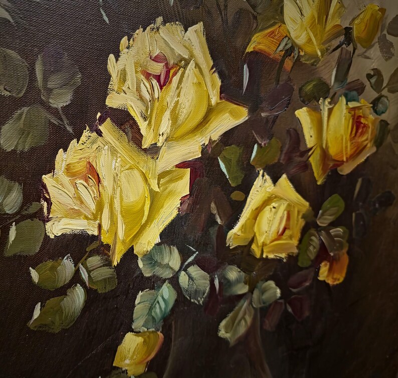 A sophisticated large scale floral still life painting with yellow roses in vase, created with balanced composition and natural color harmony, reflecting classic European decorative aesthetics, suitable for statement wall display, refined dining room decor, or curated art collections, appealing to collectors looking for vintage fine art, unique interior accents, and thoughtful gifts for art lovers, family members, colleagues, or special occasions