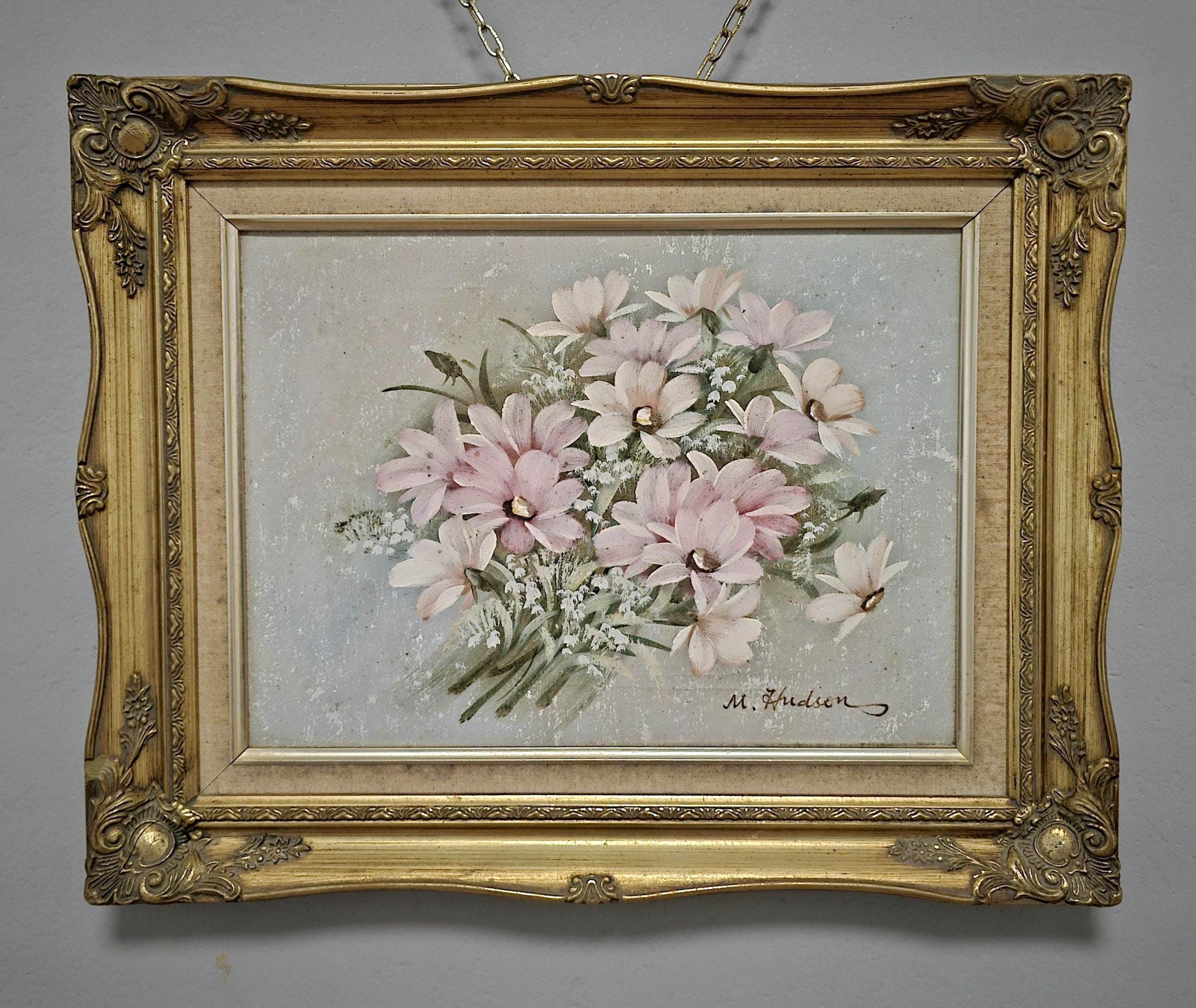 Vintage French Floral Oil Painting, Pink Daisies in Golden Frame