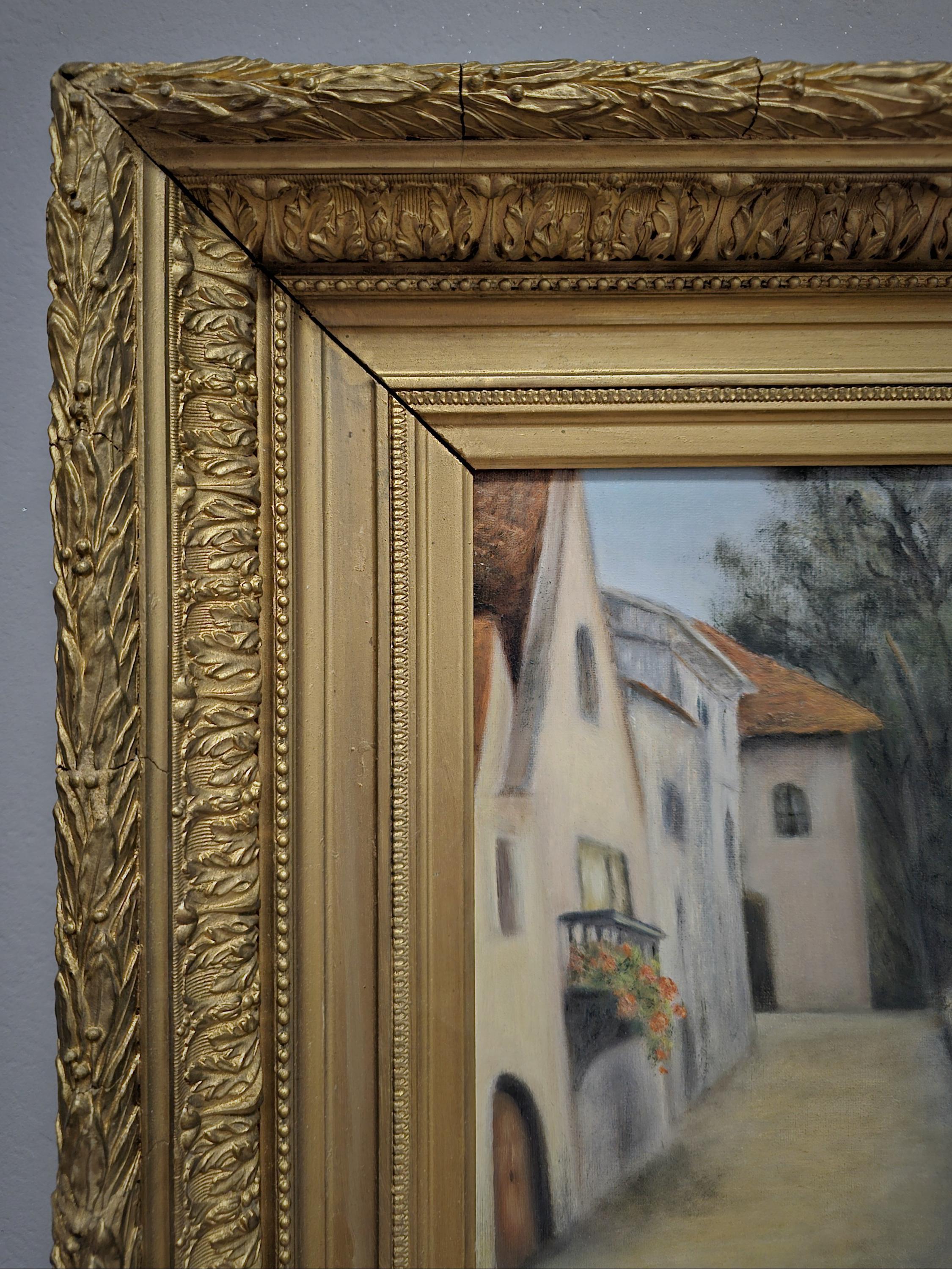 アンティーク油絵、ヴィンテージ印象派風景画、ゴールドフレームの