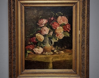 ヴィンテージのオランダ製花柄油絵、1939年作の静物画、装飾的な金色の
