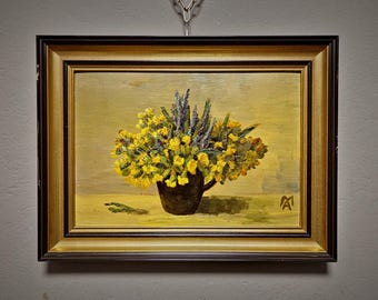 Small Vintage Floral Oil Painting, Yellow Flowers Still Life, Signed German Artwork, Framed Kitchen Wall Decor, Cottagecore Home Art