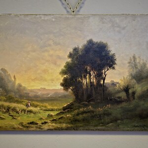 フランス　アンティーク　絵画　油絵 アンティークフランスロマン主義油絵、19世紀の風景画、署名入り