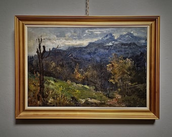 ヴィンテージの秋の風景画、フランスの油絵の森、秋の木々の絵画、1980