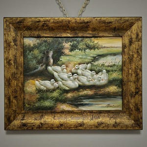 Dutch Vintage Oil Painting, Mid-Century Pastoral Ducks Scene, Framed Nature Artwork, European Original Rustic Wall Art for Home Decor