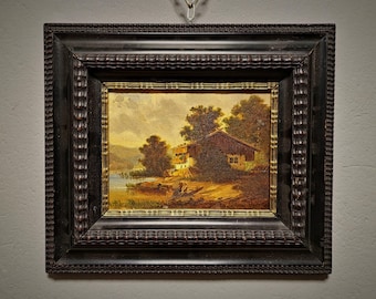 Pequeño cuadro antiguo alemán de paisaje, cabaña junto al río, obra de arte rústica firmada, decoración de pared campestre enmarcada, escena rural europea.