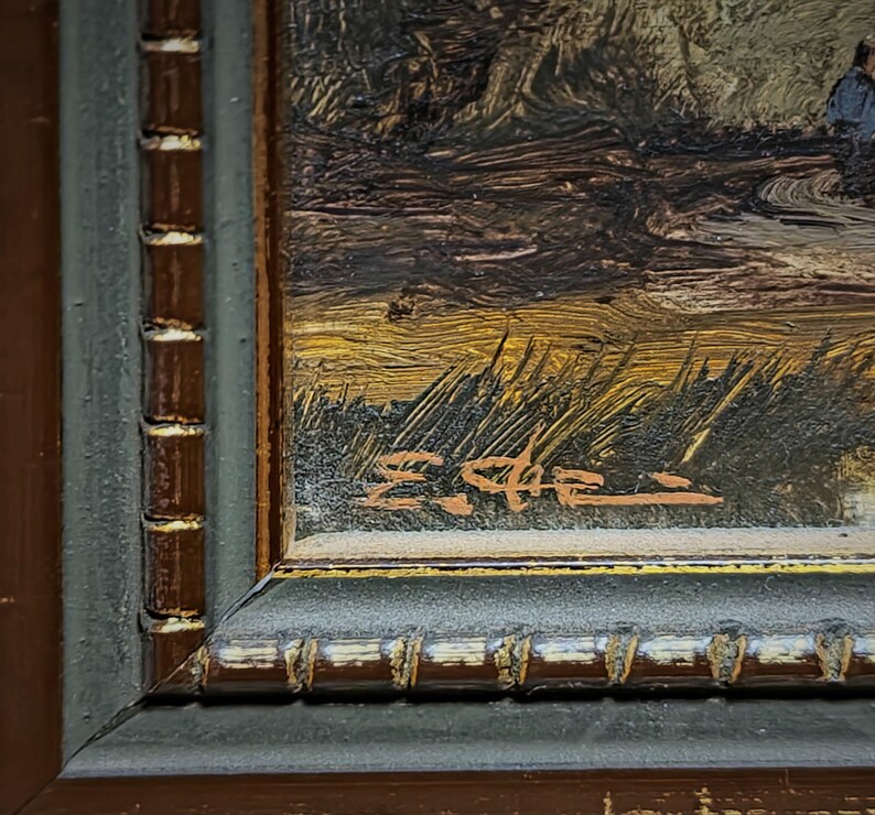 This horizontal mid-century European painting offers a beautiful pastoral scene rendered in oil on panel, showcasing skilled brushwork and balance. A true example of classic European landscapes, this signed vintage artwork enriches any farmhouse wall decor or cozy cottage space. Its timeless beauty and collectible nature make it an inspired gift idea for art appreciators, coworkers, and those seeking hand-painted decor with authentic vintage charm.