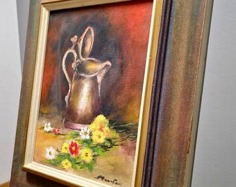 Vintage French Still Life Oil Painting, Rustic Jug and Flowers