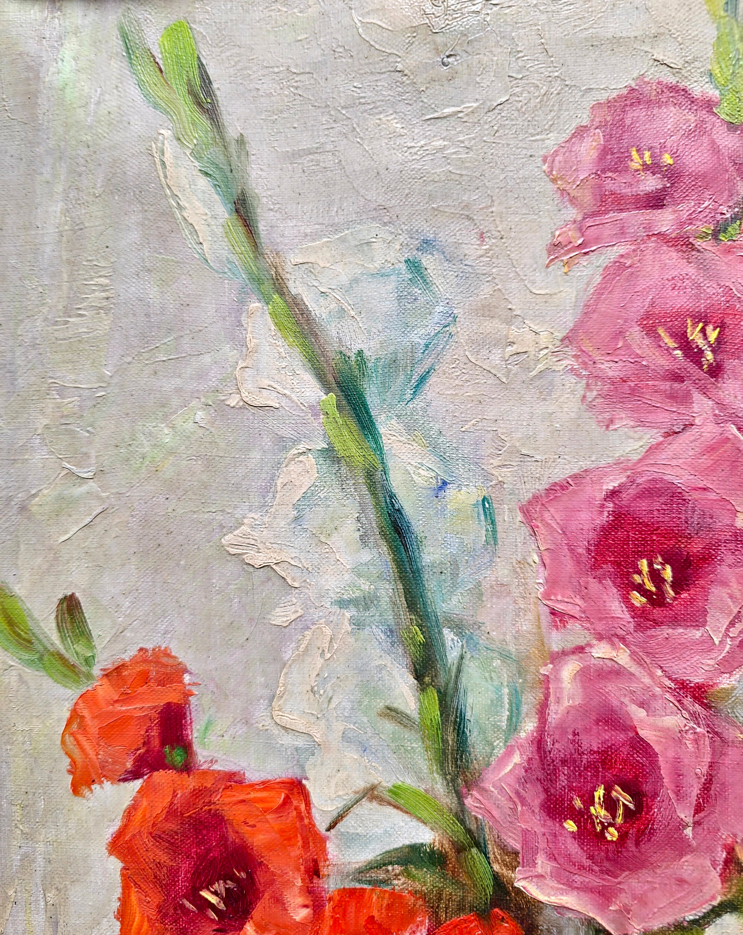 花瓶に飾られたグラジオラスの花の絵画、ヴィンテージの額入り花