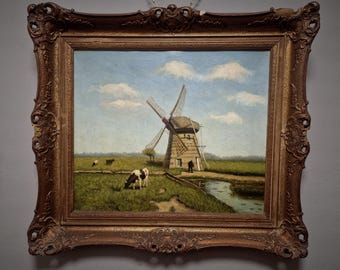 アンティークフランスロマン主義油絵、19世紀の風景画、署名入り