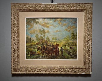 アンティーク フランス風景油絵 19世紀 署名入り バルビゾン派