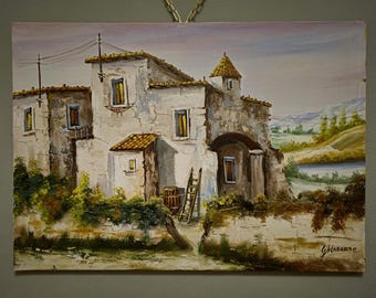 Cuadro al óleo de paisaje italiano vintage, escena de pueblo toscano firmada, arte rústico campestre, decoración mediterránea para el hogar, obra de arte original.