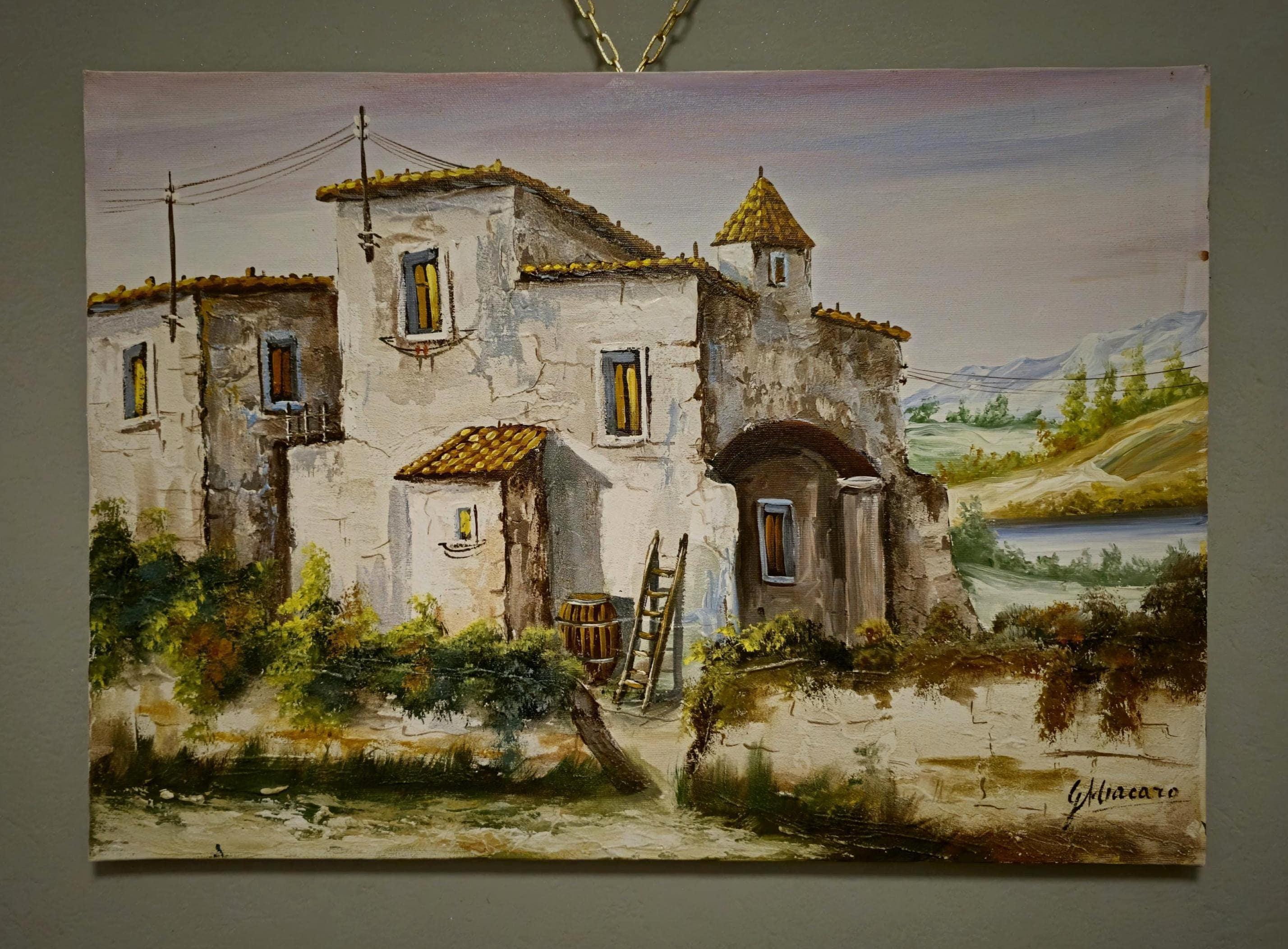 油絵トスカーナ風景 アンティークなイタリア風景油絵、素朴な