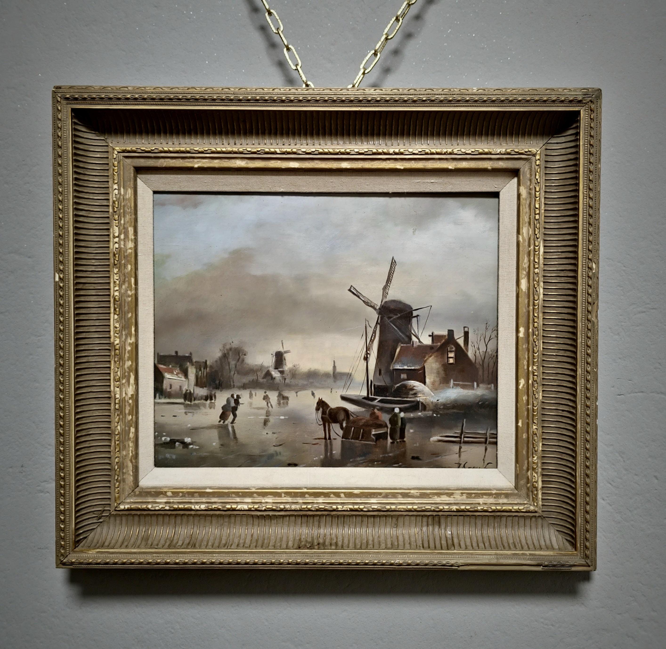 Antique Dutch Winter Landscape Oil Painting, Framed Original