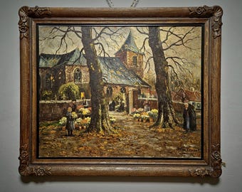 Gran pintura al óleo antigua de un pueblo otoñal holandés, obra de arte de paisaje rural, escena de mercado firmada con iglesia, arte mural europeo original enmarcado.