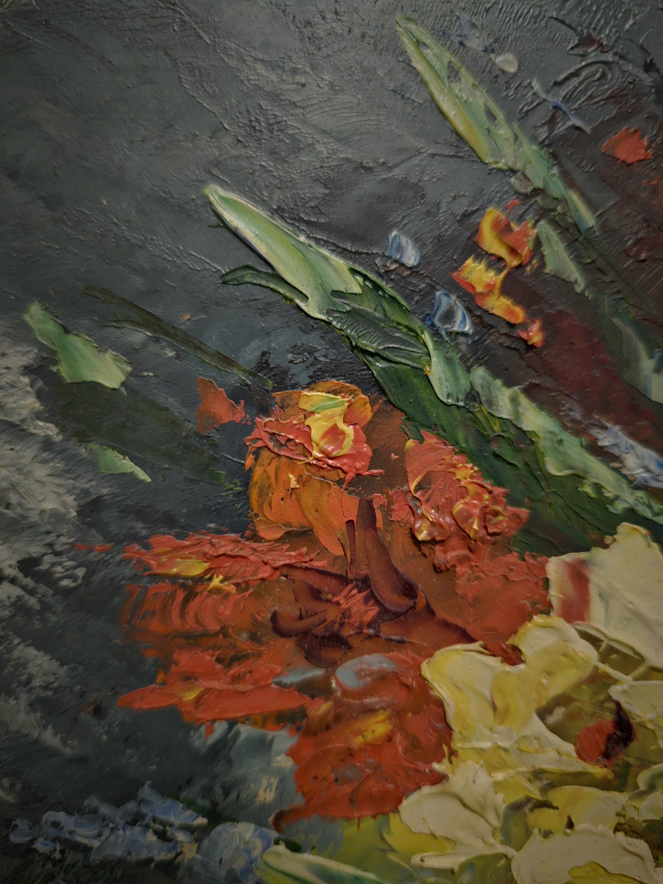 Vintage French Floral Oil Painting, Signed Still Life Blue Vase