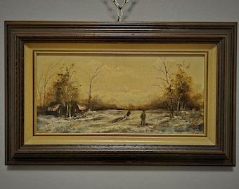 Vintage Dutch Dark Moody Winter Landscape Oil Painting, Signed Snowy Farm Scene Artwork, Framed Fine Art European Original Rustic Wall Decor