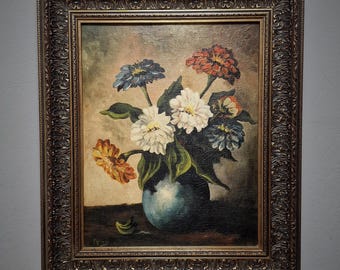 フランスのヴィンテージ花の油絵、青い花瓶のバラ、1930年代の署名入り