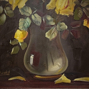 A captivating large statement floral oil painting featuring yellow roses arrangement, rendered with glowing highlights and deep background contrast, reflecting refined European mid century decorative art, designed to serve as a focal point in luxury interior decor, classic estate styling, or curated designer spaces, appealing to buyers seeking high end collectible art, vintage statement wall decor, and distinctive interior pieces for living room, dining area, or sophisticated home environments