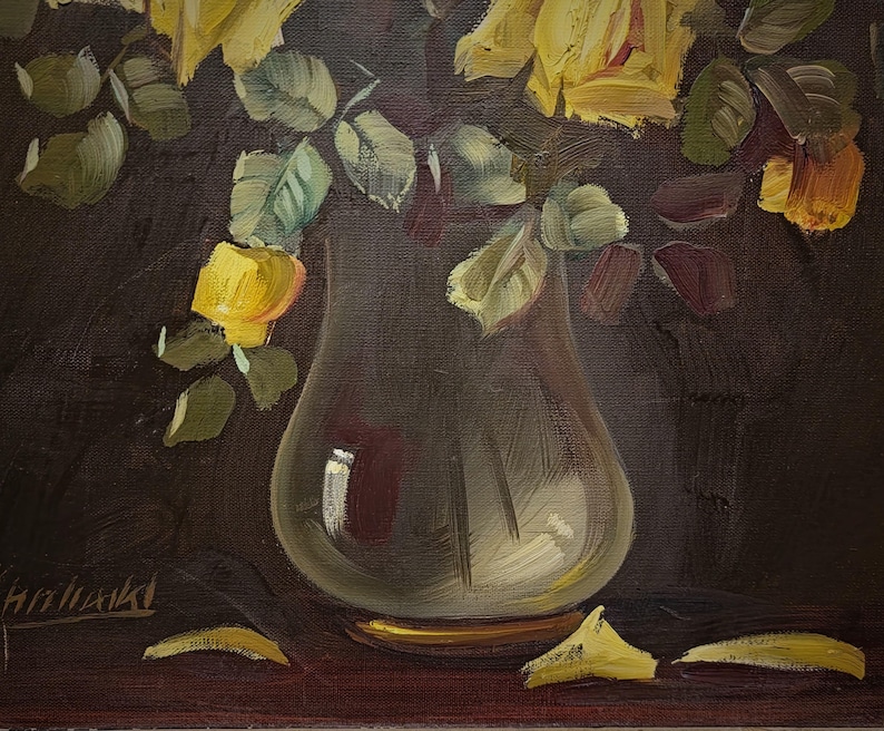 A captivating large statement floral oil painting featuring yellow roses arrangement, rendered with glowing highlights and deep background contrast, reflecting refined European mid century decorative art, designed to serve as a focal point in luxury interior decor, classic estate styling, or curated designer spaces, appealing to buyers seeking high end collectible art, vintage statement wall decor, and distinctive interior pieces for living room, dining area, or sophisticated home environments