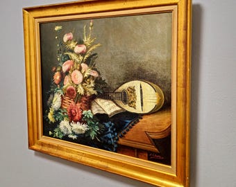 アンティーク絵画  L.HUITH  油絵フラワー アンティークのフランス製花柄静物油絵、暗く落ち着いた花とマンドリン