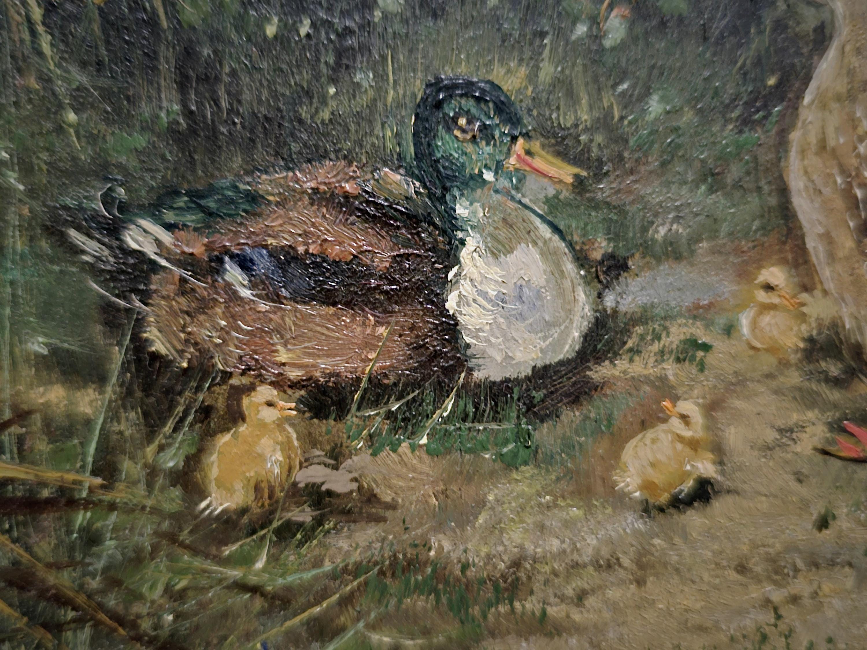 カラフルなアヒルの絵画 オランダのヴィンテージ動物画（アヒル）、サイン入り油彩パネル、素朴