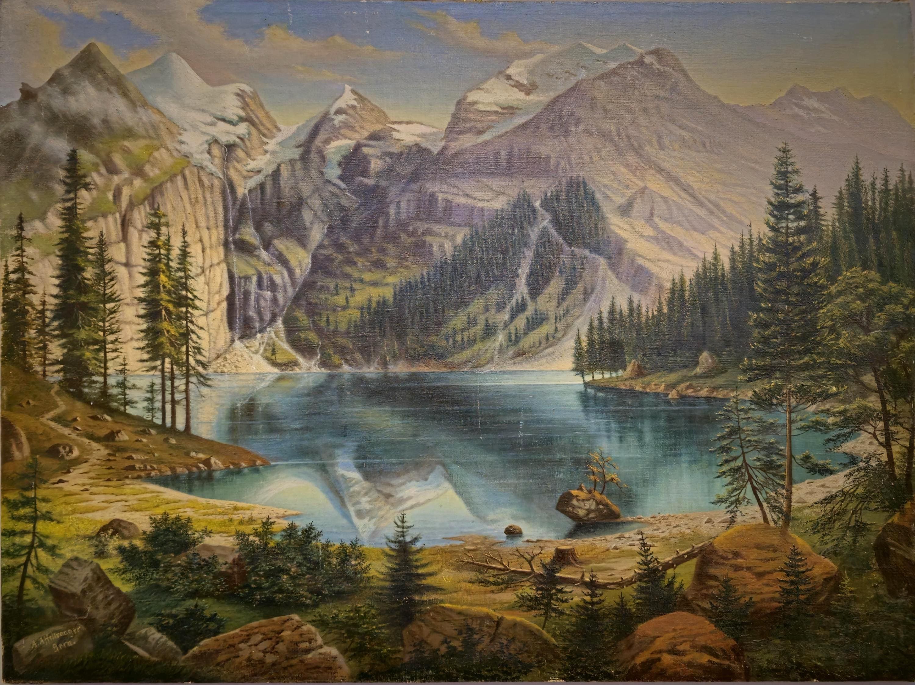 ブルージュ風景画1 Mountain Landscape Painting, Forest Lake Antique Oil