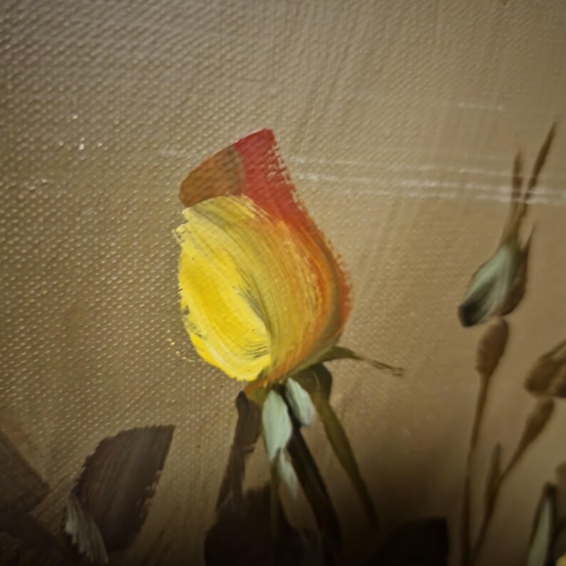 A distinguished European floral still life painting with yellow roses in vase, rendered with depth and subtle contrast, representing decorative realism in vintage art, suitable for luxury home decor, elegant dining interiors, or curated wall art arrangements, appealing to collectors looking for rare vintage paintings, interior statement pieces, and thoughtful gifts for art collectors, designers, or culturally refined audiences