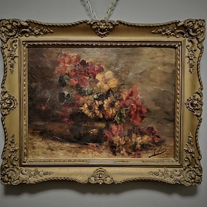 ムーディーな花の油絵、アンティークなフランスの静物画、ダークフラワーブーケ、19世紀の署名入りアート、金枠のヴィンテージ壁装飾