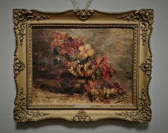 Moody Floral Oil Painting, Antique French Still Life, Dark Flower Bouquet, Signed 19th Century Art, Vintage Wall Decor in Gilded Frame