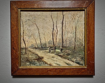 ヴィンテージの秋の風景画、フランスの油絵の森、秋の木々の絵画、1980