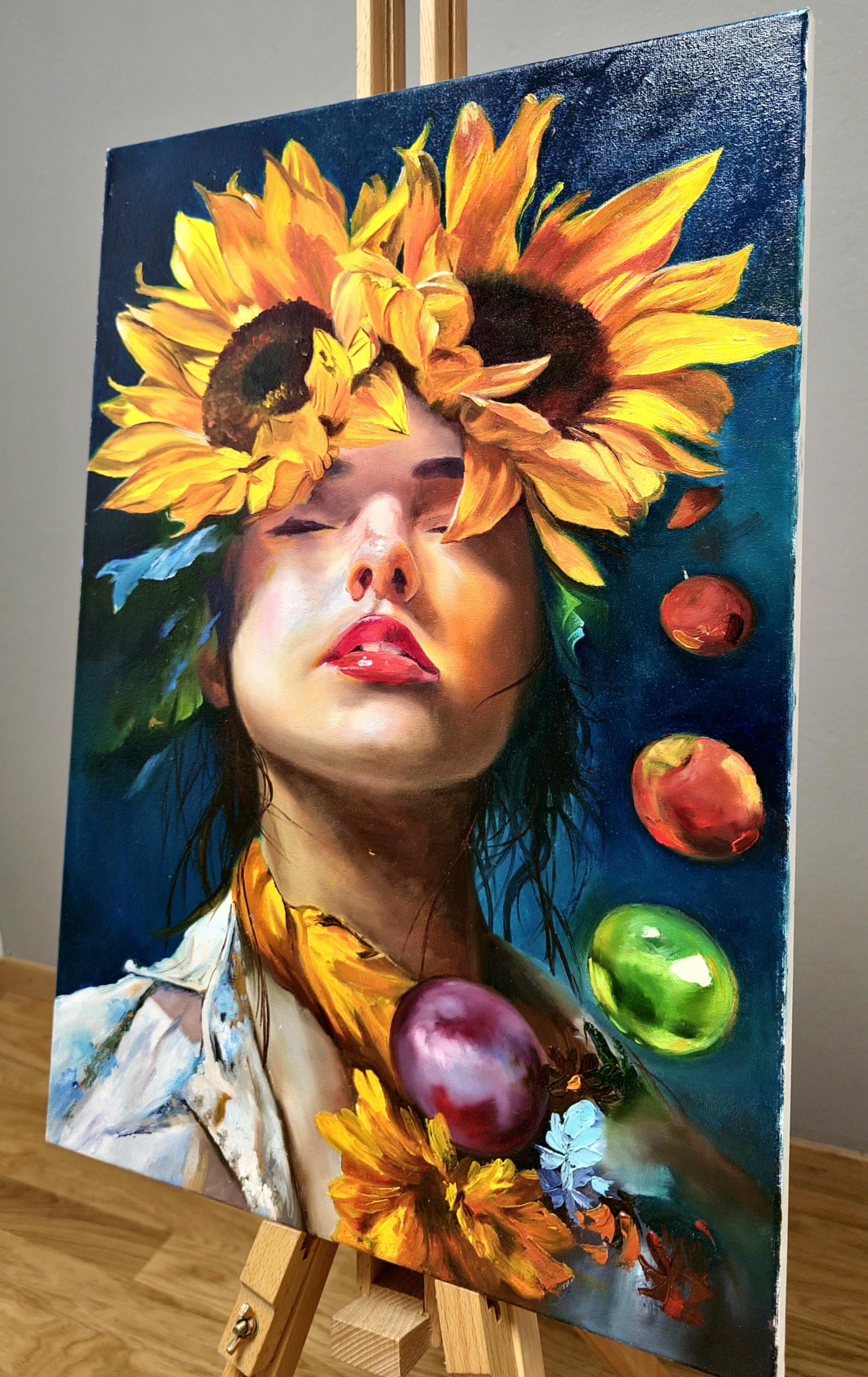 ひまわりを持つシュールな女性の油絵、フランスの肖像画 - Etsy 日本