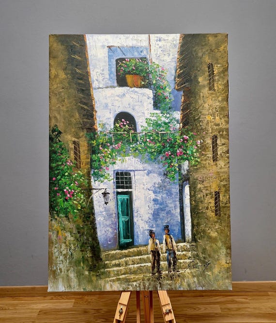 ヴィンテージのフランスの街並みの油絵、花の咲く中庭のアート - Etsy 日本