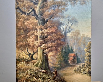 Mountain Landscape Painting, Forest Lake Antique Oil