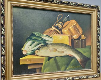 ヴィンテージヨーロッパ静物油絵キャンバス、柔らかな色合いの魚