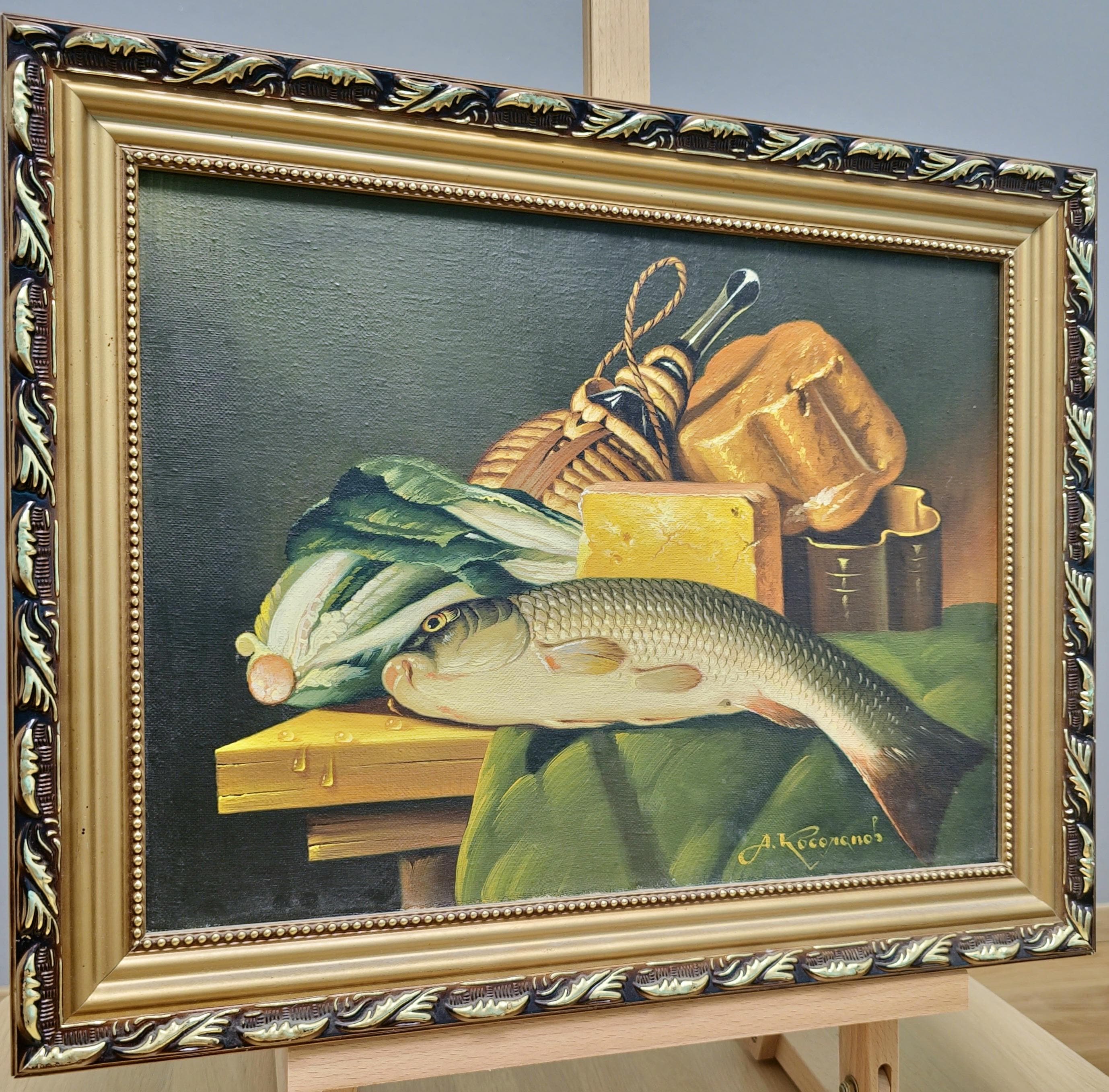 ヴィンテージ　油絵 ヴィンテージヨーロッパ静物油絵キャンバス、柔らかな色合いの魚