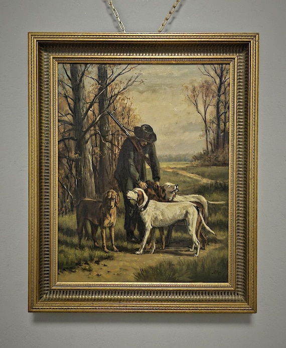 アンティーク オランダ 狩猟 油絵、署名入り 19 世紀のアート