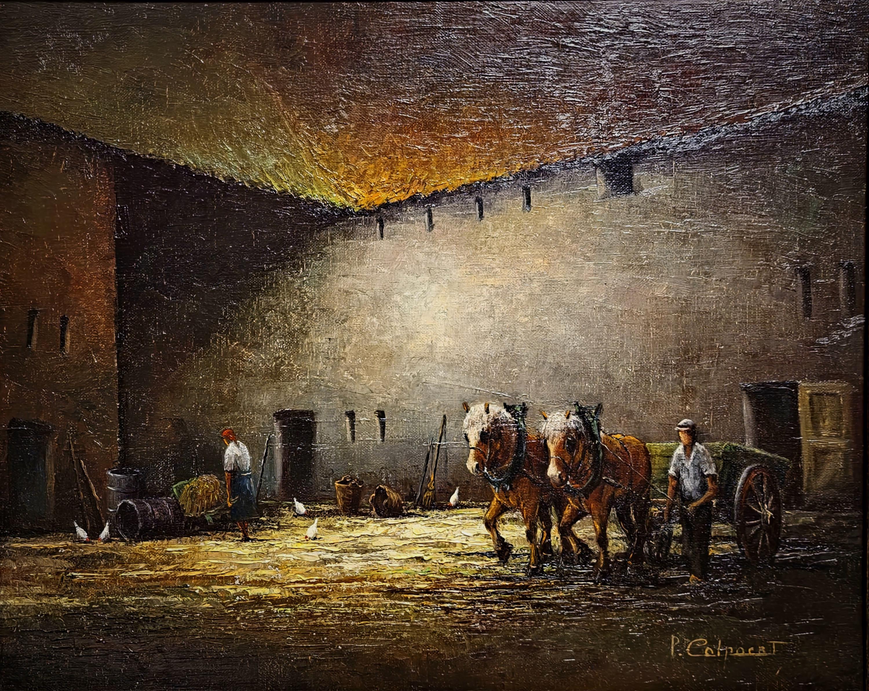 Vintage Oil Painting, Belgian Rural Scene, Dark Moody Farm